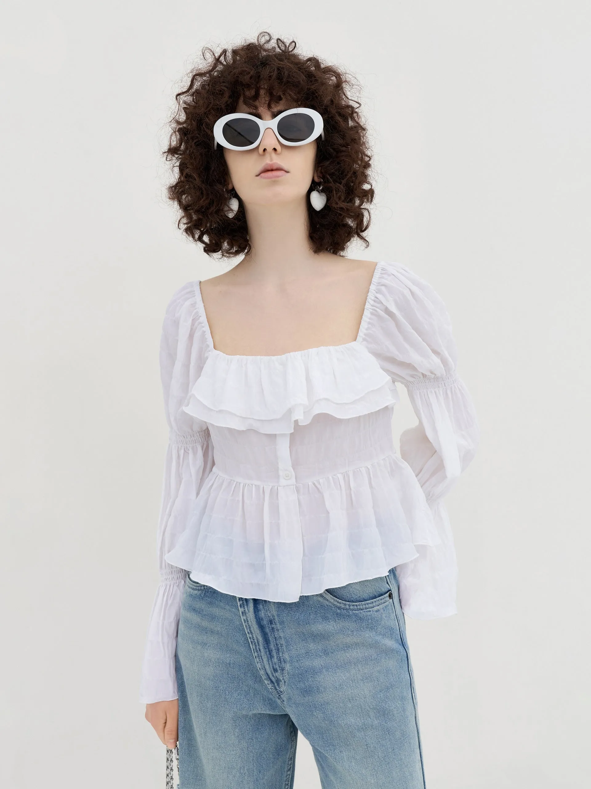 Ruffled Square Neck Jacquard Top